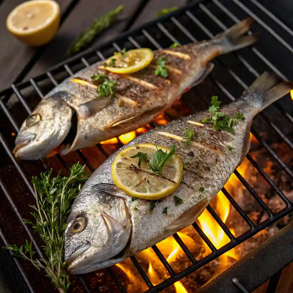 Dorada fish grilling over open flame